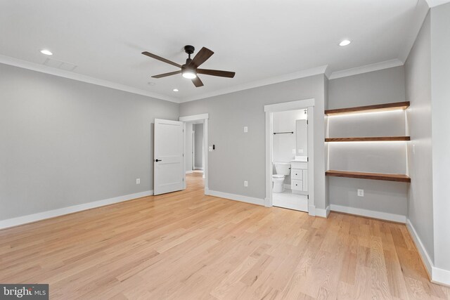 unfurnished bedroom featuring ornamental molding, ceiling fan, light hardwood / wood-style flooring, and ensuite bathroom