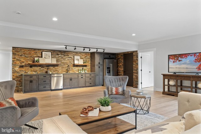 living room with light hardwood / wood-style flooring, wet bar, crown molding, and rail lighting