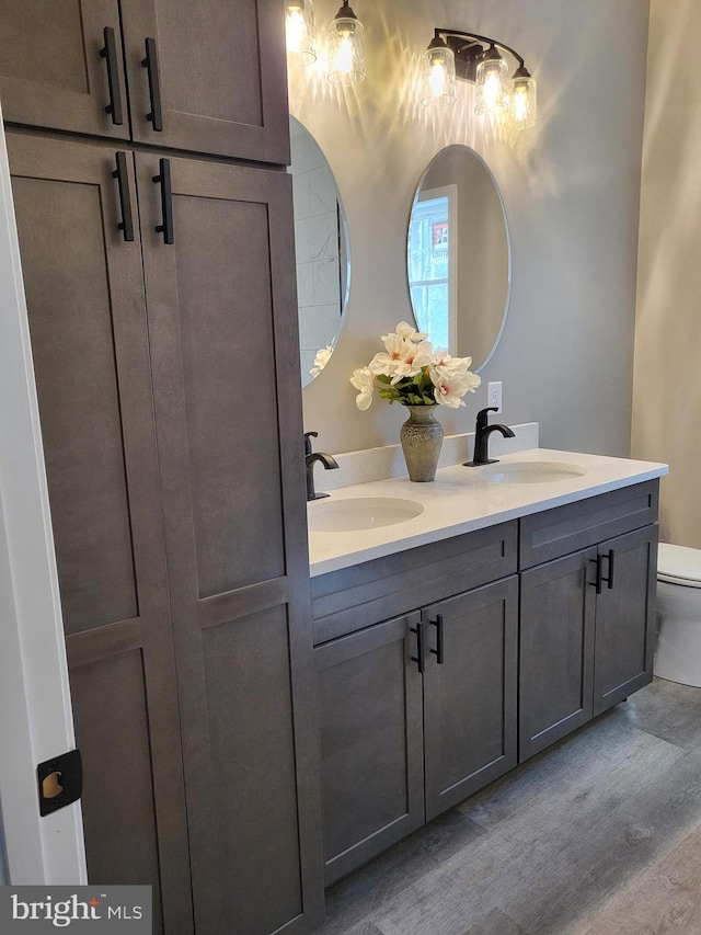 bathroom with hardwood / wood-style floors, toilet, and vanity