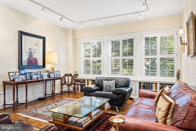 living room with rail lighting and hardwood / wood-style flooring