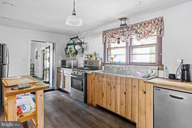 kitchen with dark wood-type flooring, stainless steel appliances, sink, and wood counters