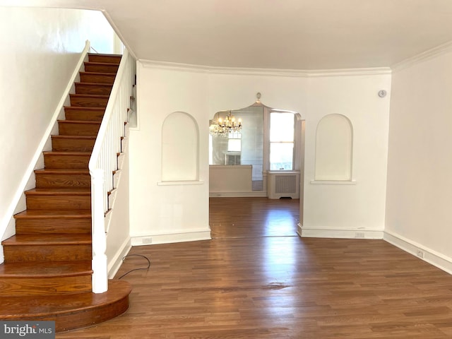 foyer with radiator, a chandelier, dark hardwood / wood-style floors, and crown molding