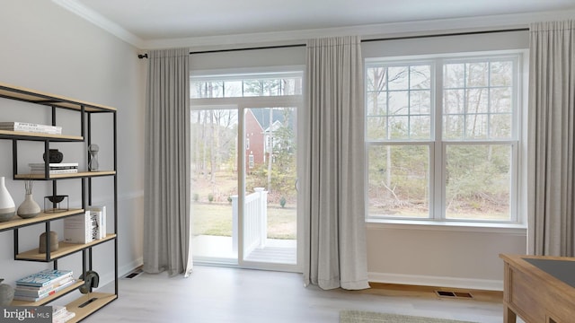 entryway featuring crown molding and plenty of natural light