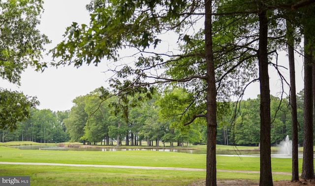 view of property's community with a water view, golf course view, and a yard