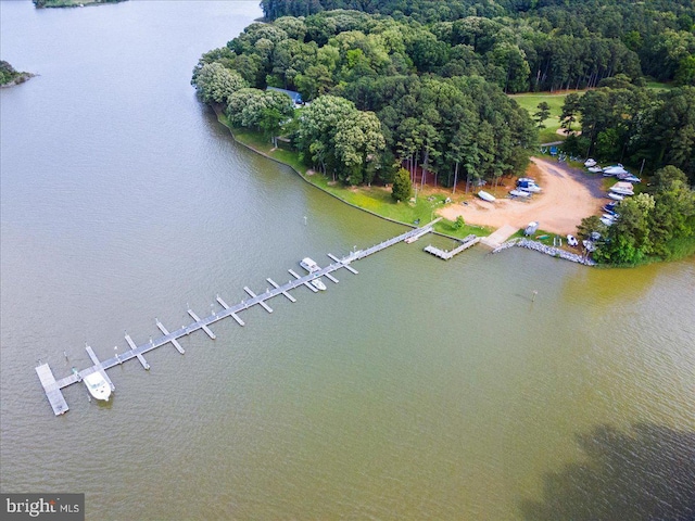 drone / aerial view with a water view and a wooded view