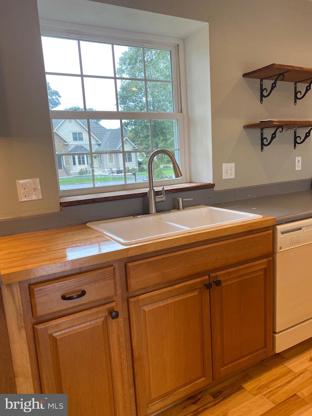 kitchen with white dishwasher, sink, and light hardwood / wood-style flooring