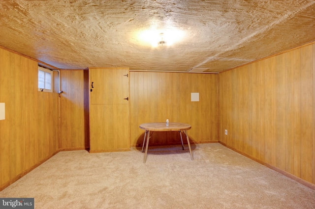 below grade area with light carpet, wood walls, and baseboards