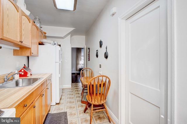 kitchen with baseboards, freestanding refrigerator, light countertops, light brown cabinets, and a sink