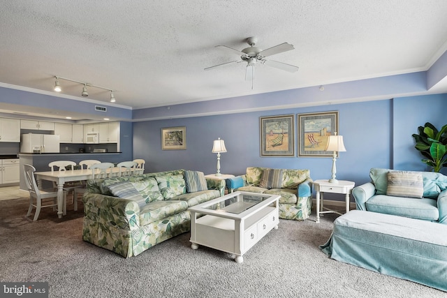 carpeted living room with ornamental molding, track lighting, a textured ceiling, and ceiling fan