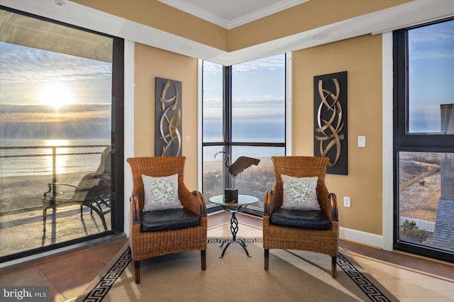 sitting room with ornamental molding