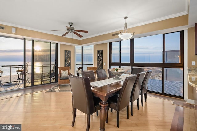 dining space featuring ornamental molding, a water view, and a wealth of natural light