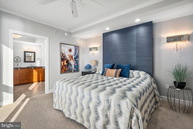 bedroom featuring crown molding, carpet floors, and ceiling fan