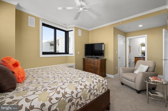 carpeted bedroom featuring crown molding and ceiling fan