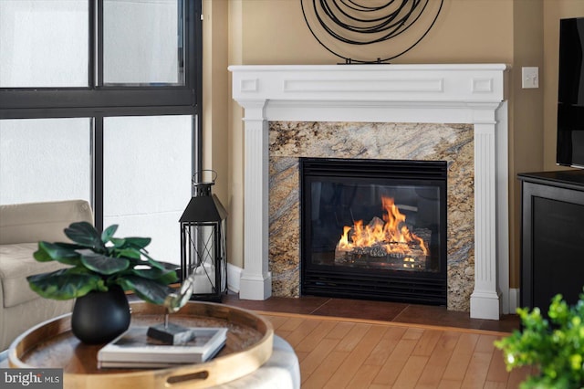 interior details with a premium fireplace