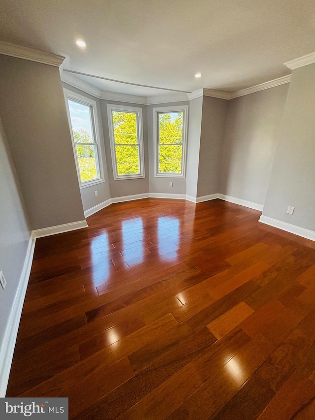 unfurnished room with crown molding and dark hardwood / wood-style flooring