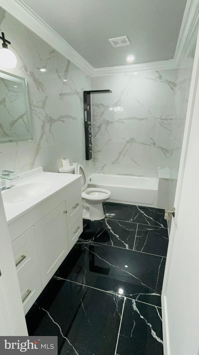 full bathroom featuring vanity, crown molding, toilet, tile walls, and tile patterned floors