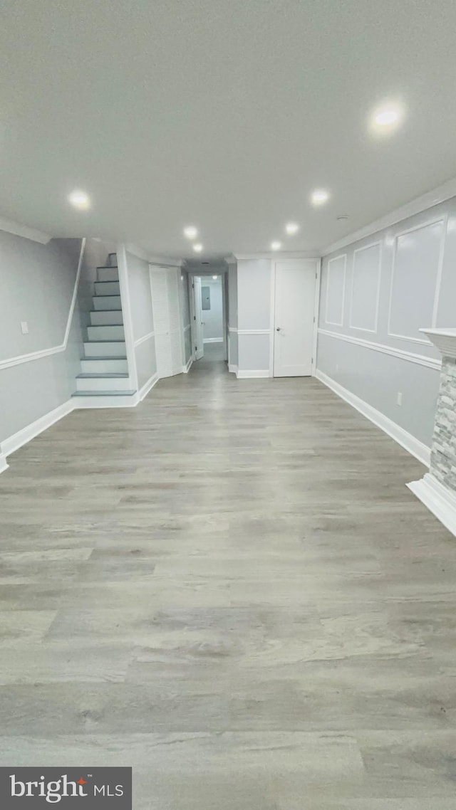 basement featuring wood-type flooring