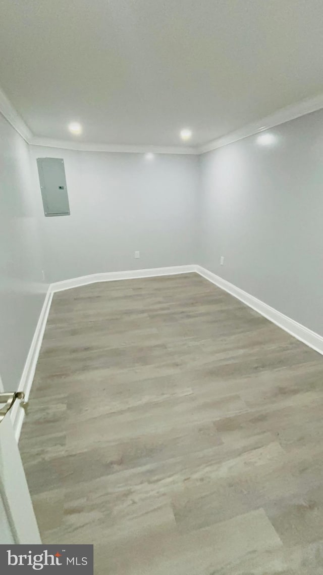 basement featuring crown molding, wood-type flooring, and electric panel