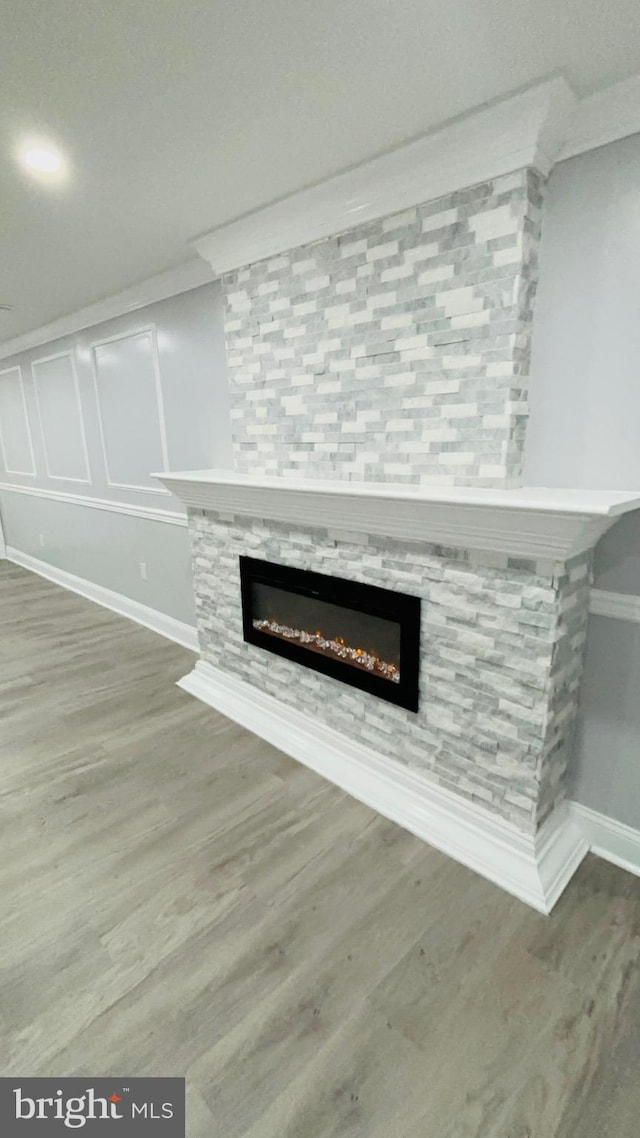 details with a stone fireplace and hardwood / wood-style flooring