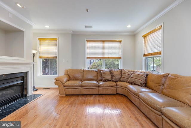 living area with a wealth of natural light, wood finished floors, crown molding, and a premium fireplace