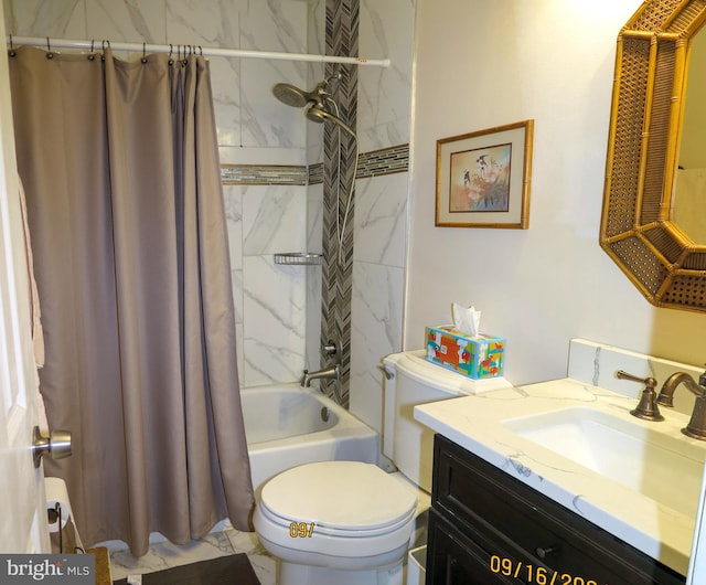 full bathroom featuring vanity, shower / bath combination with curtain, and toilet