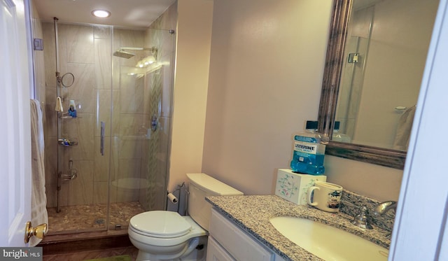 bathroom with vanity, toilet, and walk in shower