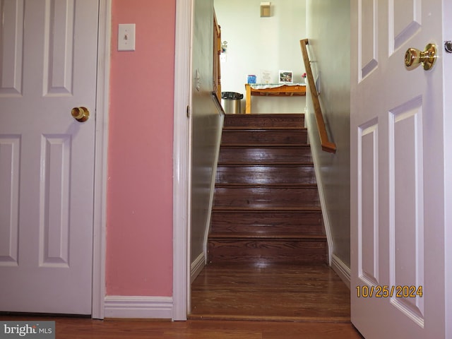 stairway featuring wood-type flooring