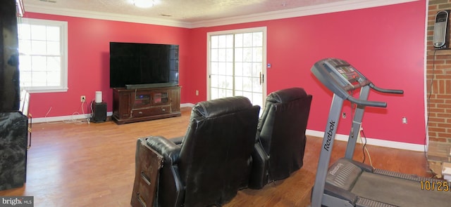 workout room with crown molding, a textured ceiling, and hardwood / wood-style flooring