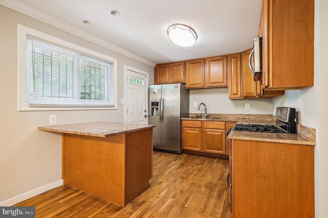 kitchen with light hardwood / wood-style flooring, appliances with stainless steel finishes, light stone countertops, and sink