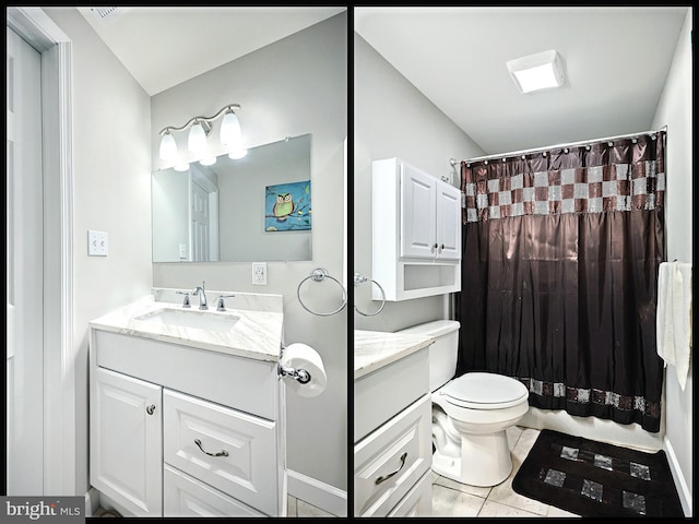 bathroom with tile patterned flooring, vanity, toilet, and a shower with curtain