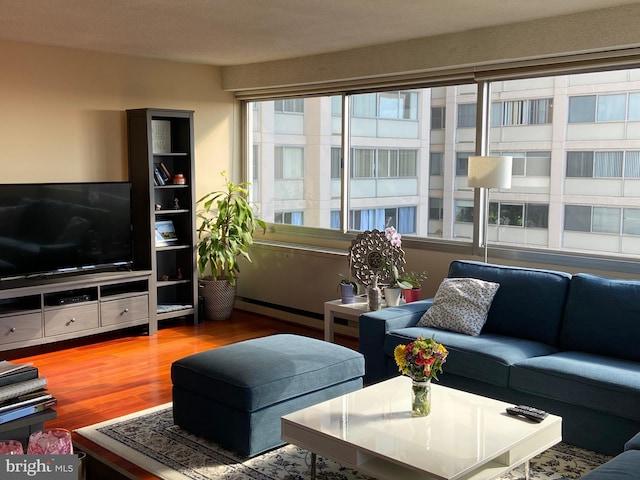 living room featuring baseboard heating and hardwood / wood-style flooring