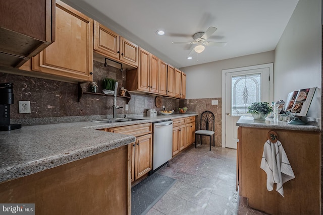 kitchen with ceiling fan, light stone countertops, backsplash, and stainless steel dishwasher