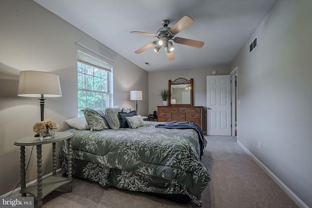 bedroom with ceiling fan and carpet flooring