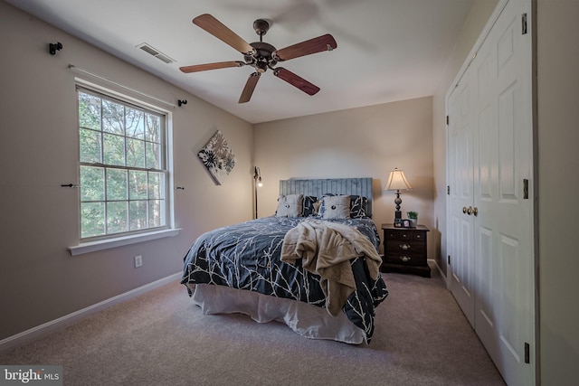 bedroom with carpet floors and ceiling fan