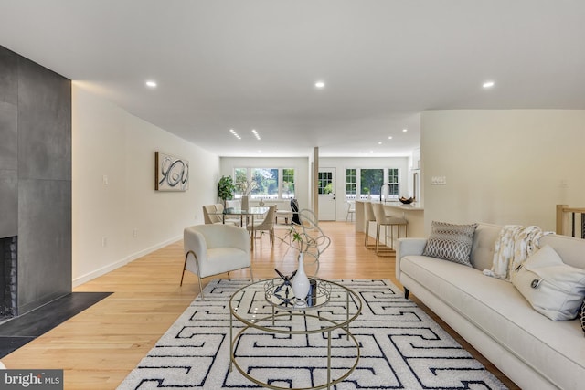 living room with a fireplace and light hardwood / wood-style floors