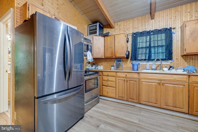 kitchen featuring light wood-type flooring, appliances with stainless steel finishes, wooden walls, and beam ceiling