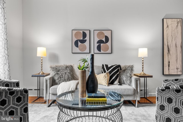 living area with baseboard heating and wood-type flooring