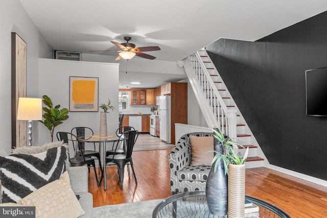 dining room featuring light hardwood / wood-style flooring and ceiling fan