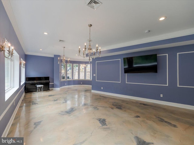 unfurnished living room with crown molding and a notable chandelier