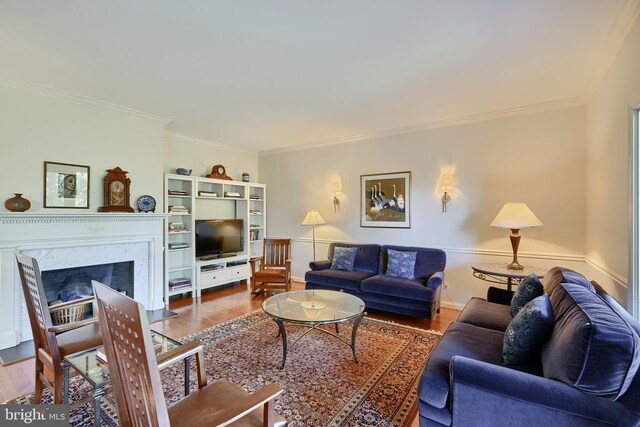 living room with crown molding, a premium fireplace, and wood-type flooring