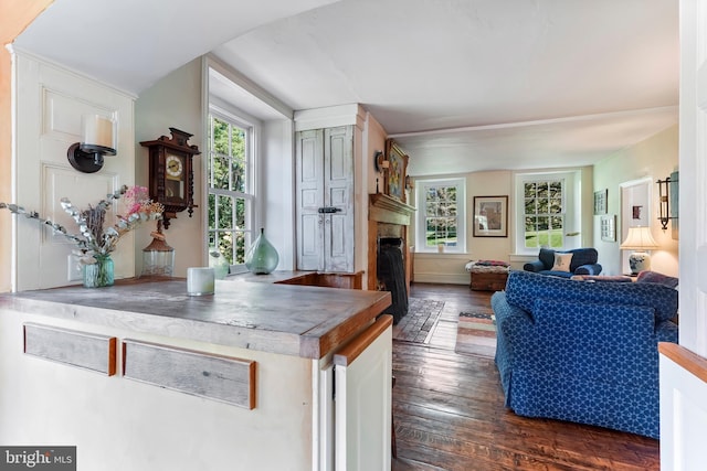 interior space featuring a fireplace with flush hearth, a wealth of natural light, and dark wood-style floors