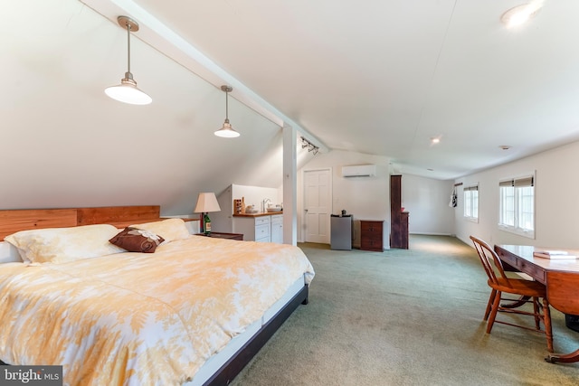 bedroom featuring an AC wall unit, lofted ceiling, and carpet flooring