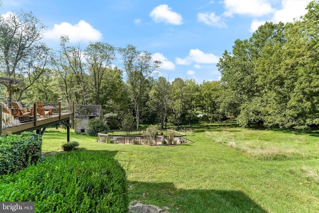 view of yard with a wooden deck and a vegetable garden