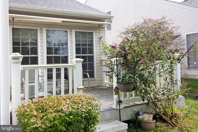 doorway to property featuring roof with shingles