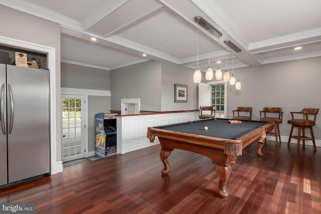 rec room featuring beam ceiling, crown molding, dark wood-type flooring, and pool table