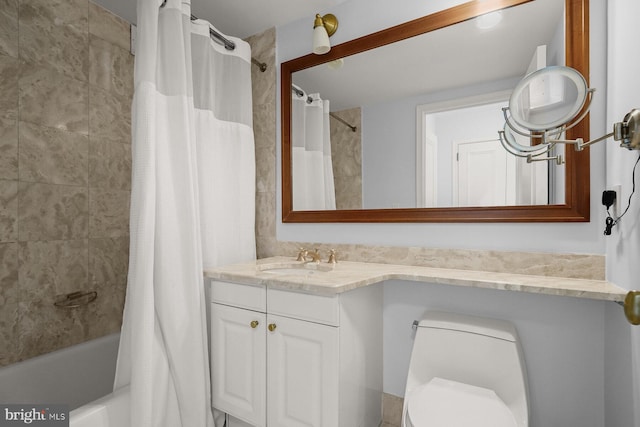 full bathroom with vanity, toilet, and shower / bath combo with shower curtain