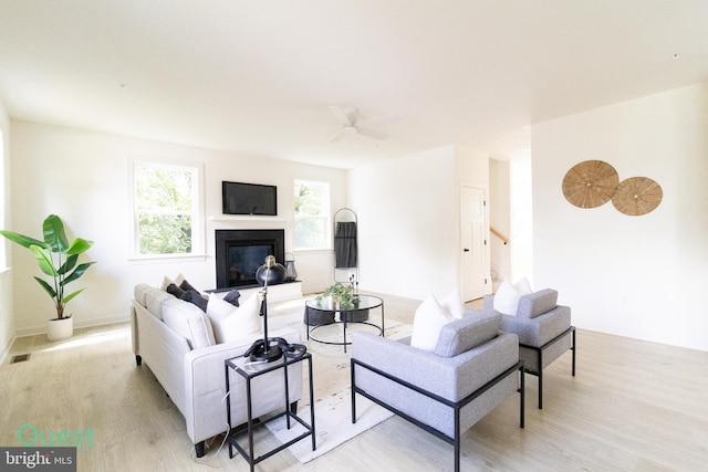 living room featuring ceiling fan and light hardwood / wood-style floors