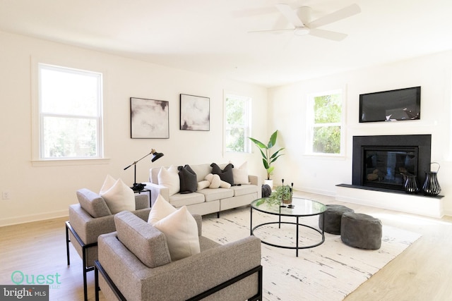 living room with ceiling fan and light hardwood / wood-style floors