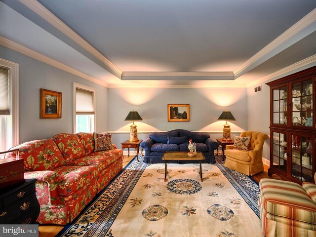 living room featuring ornamental molding, a raised ceiling, and hardwood / wood-style flooring