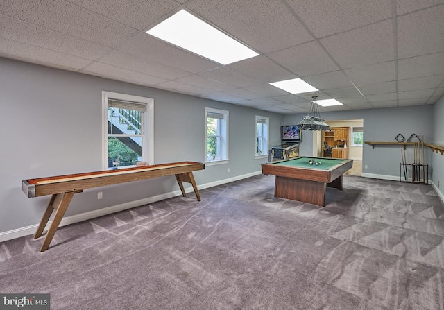 playroom featuring billiards, carpet, and a drop ceiling